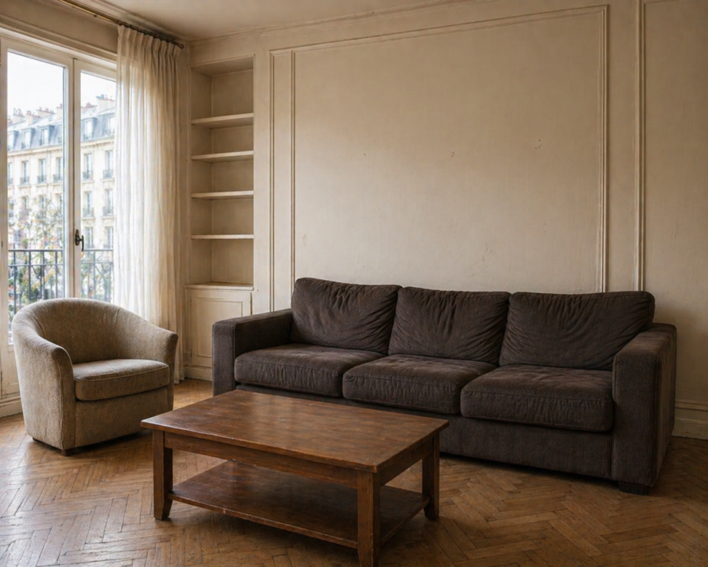 Dated living room before makeover — dark sofa, bare walls, no styling