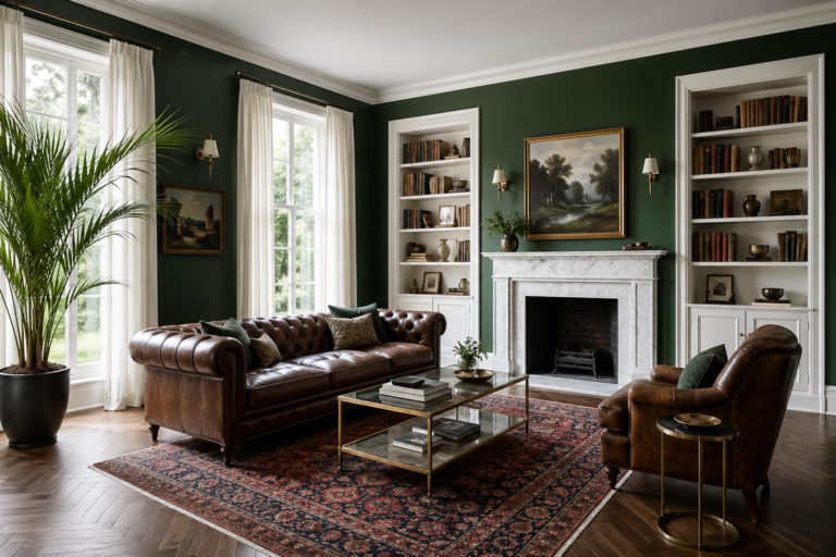 Dark green living room with Chesterfield sofa, marble fireplace and brass accents