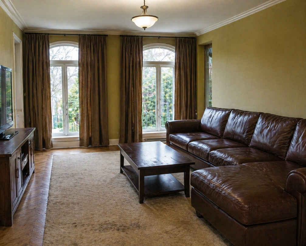 Dated living room before makeover — dark leather sofa, mustard walls, heavy curtains