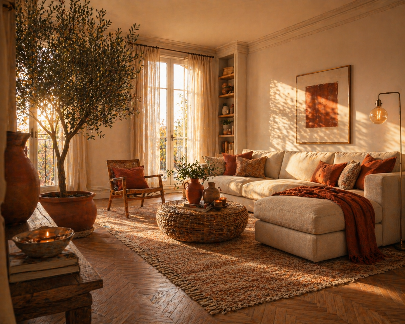 Warm terracotta and cream living room with olive tree and rattan coffee table