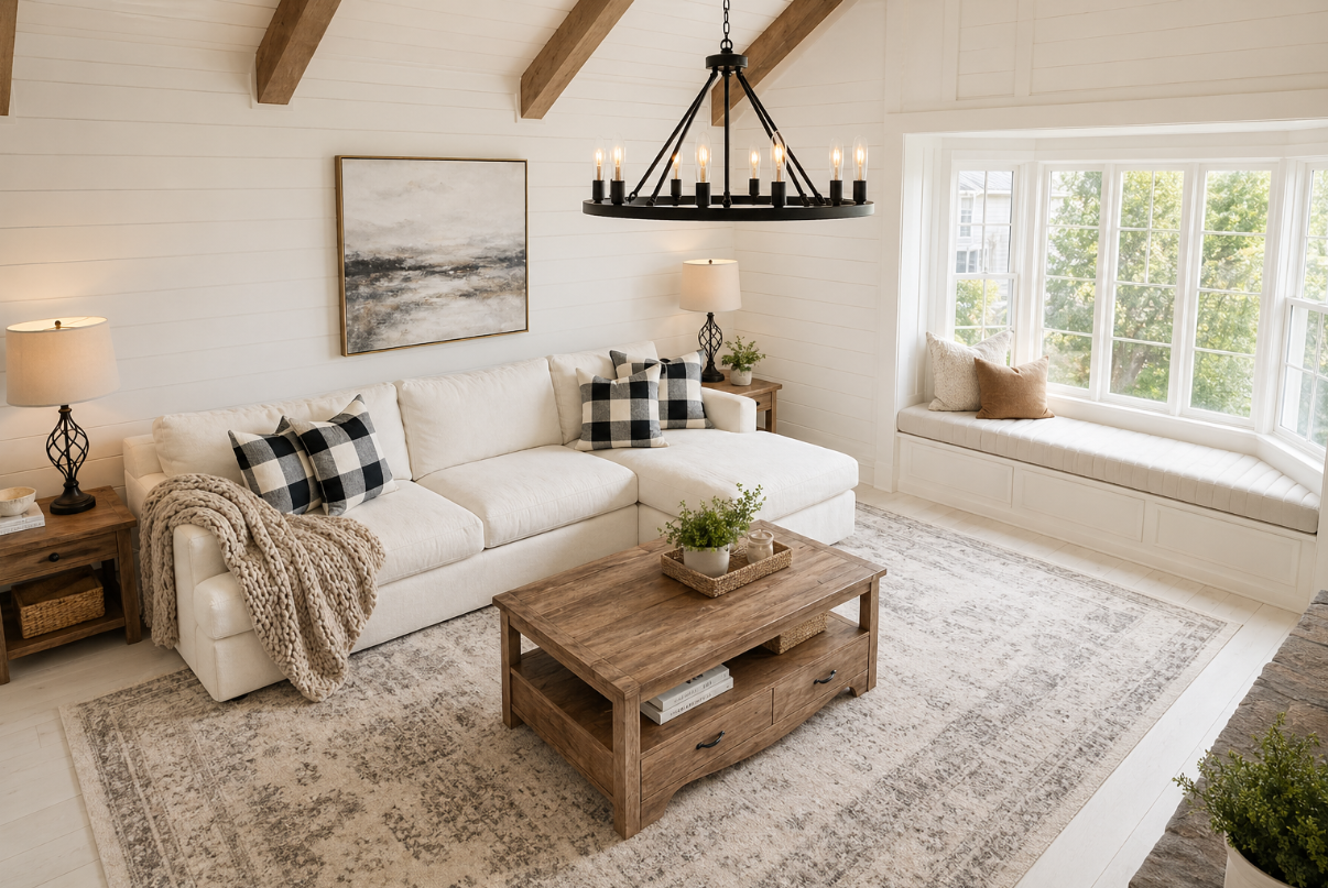 Modern farmhouse living room with white shiplap walls, cream sectional sofa, wagon wheel chandelier and buffalo check pillows