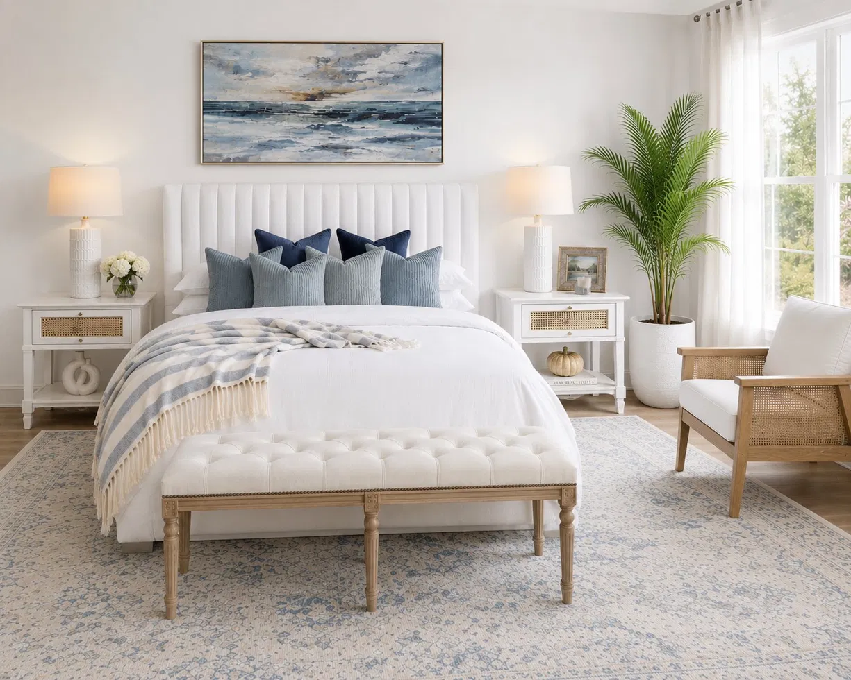 Airy coastal bedroom with white velvet bed, rattan nightstands, beige bench and blue accent pillows