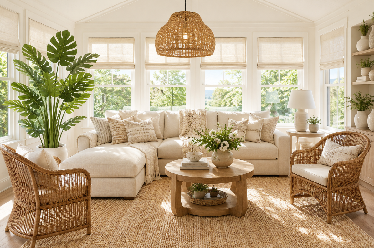 Bright sunroom with cream linen sectional, natural wood elements, abundant greenery, and rattan accent chairs