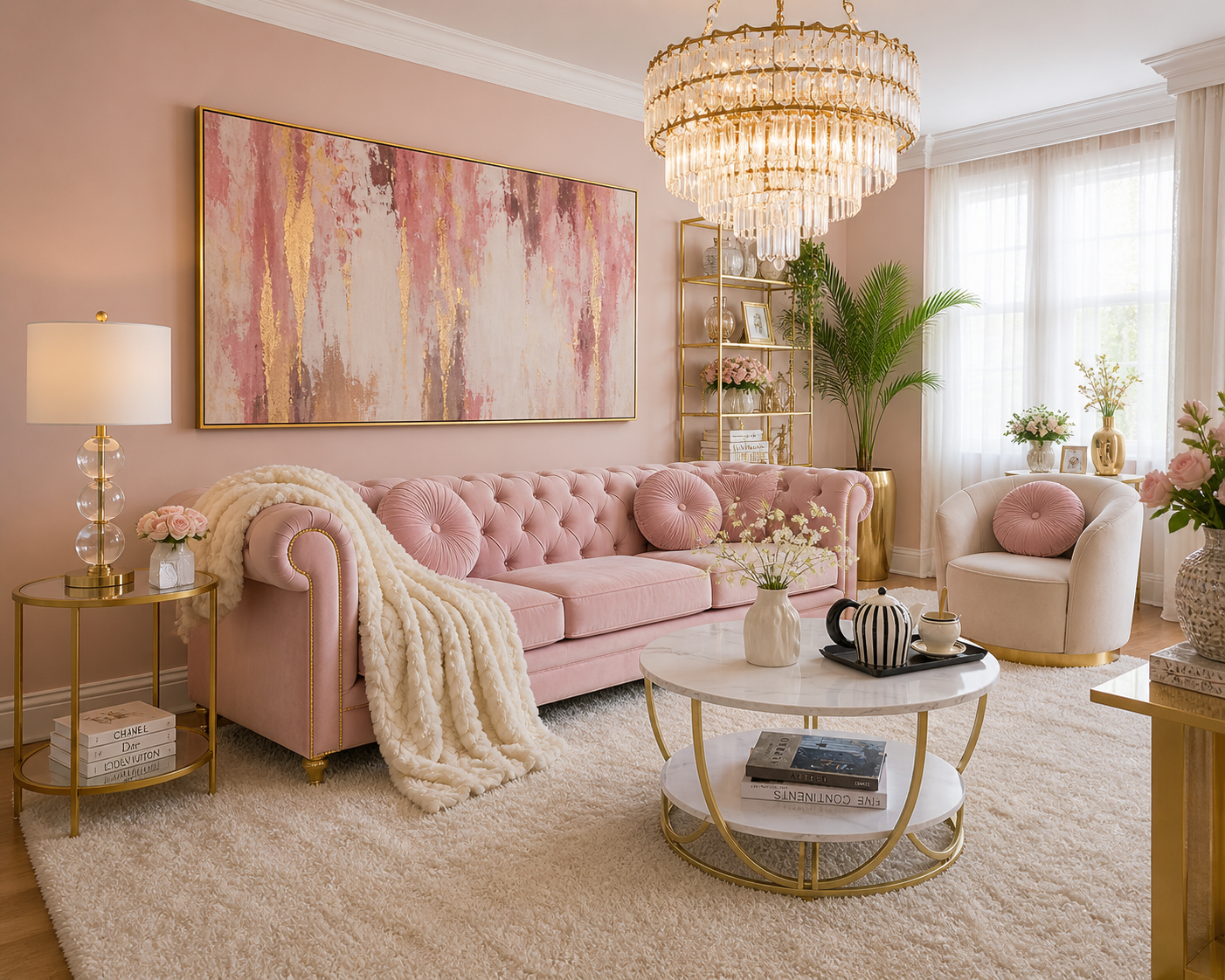 Maximalist blush glam living room with pink velvet Chesterfield sofa, crystal chandelier and gold accents