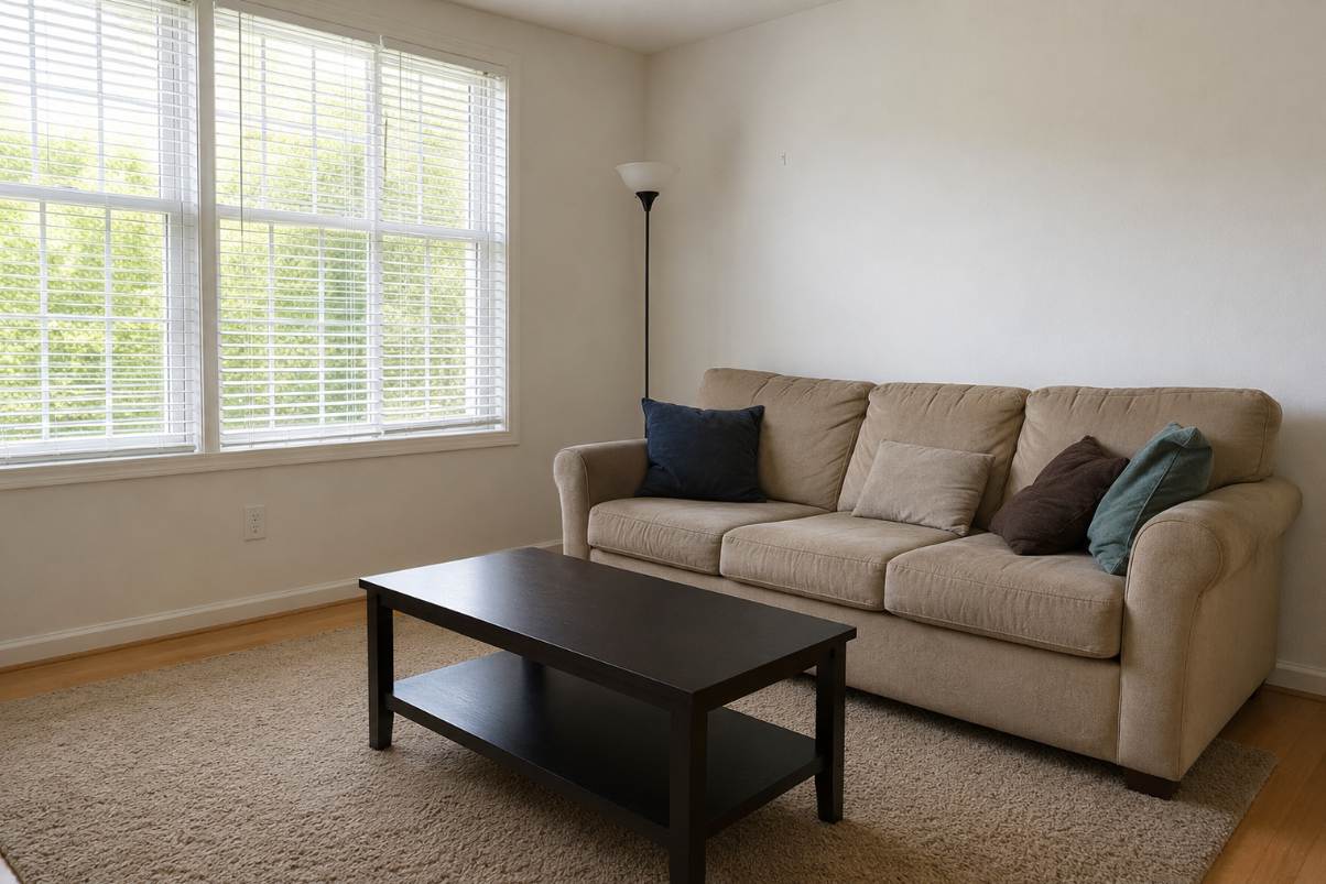 Plain beige living room before makeover with basic tan sofa and no personality