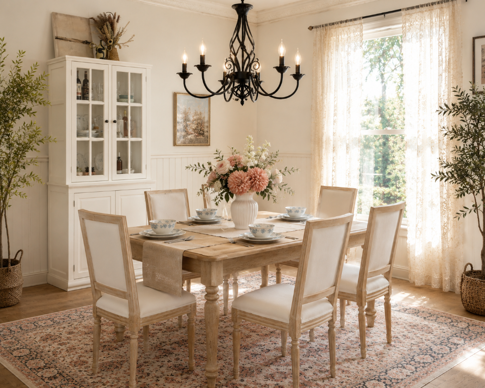 Cream Chairs, Blue Florals, and a Dining Room Made for Lingering