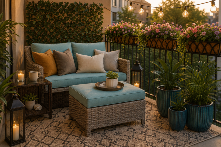 Teal Cushions, Globe Lights, and a Balcony That Actually Feels Like a Room