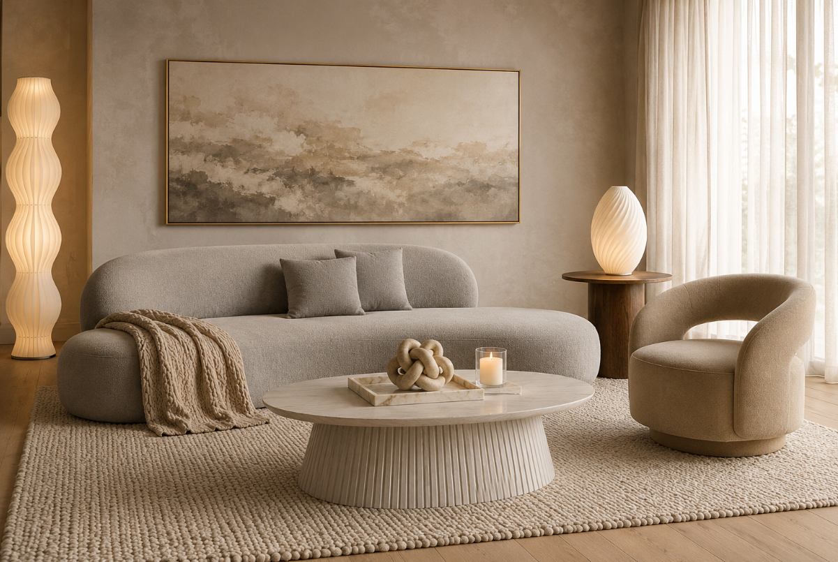 The Sculptural Living Room Obsession: Raw Stone, Curved Forms, and Effortless Luxury