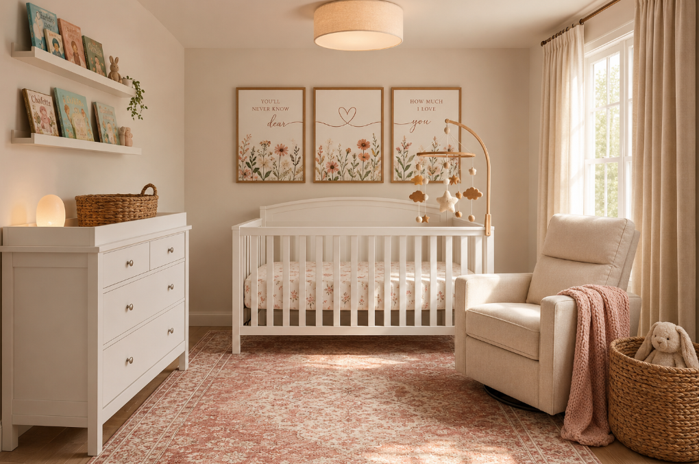 A Cozy Neutral Nursery in Warm White, Blush, and Natural Wood