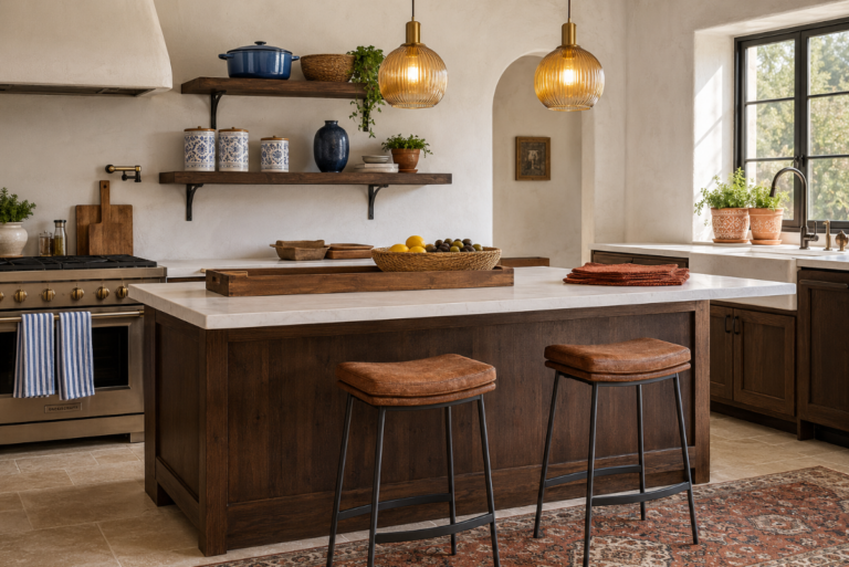 Open Shelves, Cognac Leather Stools, and a Mediterranean Kitchen Worth Cooking In