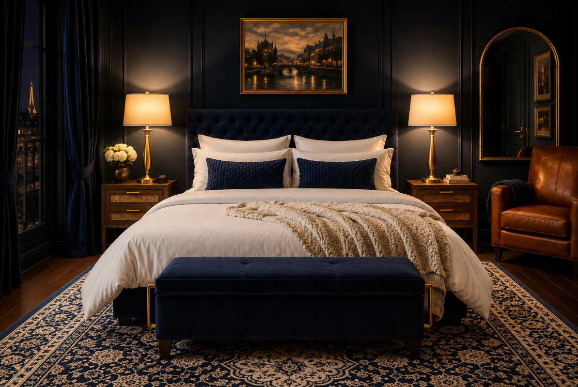 A Moody European Hotel Bedroom Built Around Navy, Brass, and Crisp White Linen