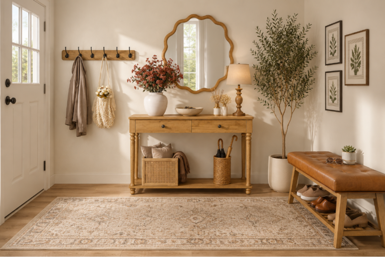 Natural Wood, Warm Leather, and a Wavy Mirror — A Small Entryway Done Right