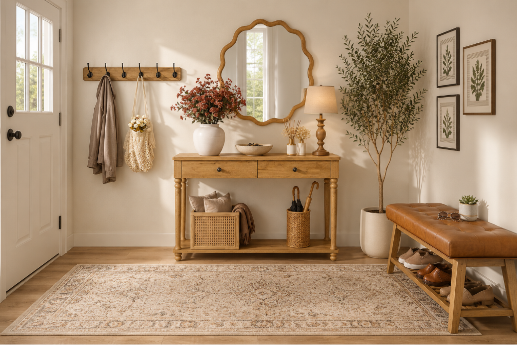 Natural Wood, Warm Leather, and a Wavy Mirror — A Small Entryway Done Right
