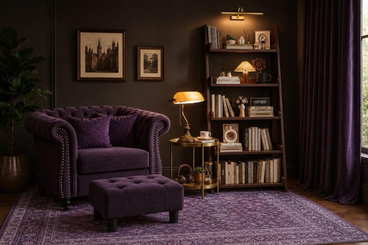 A Dark Academia Reading Room Built Around Velvet and Brass Light