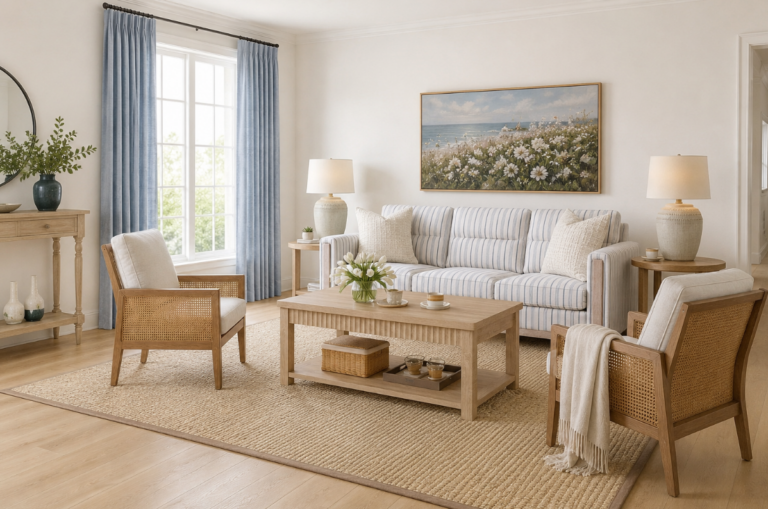 Rattan, Jute, and a Soft Blue Stripe: A Coastal Grandmother Living Room