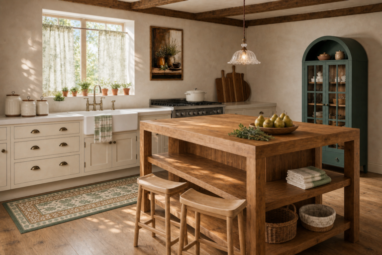 English Cottagecore Kitchen with a Solid Wood Worktable