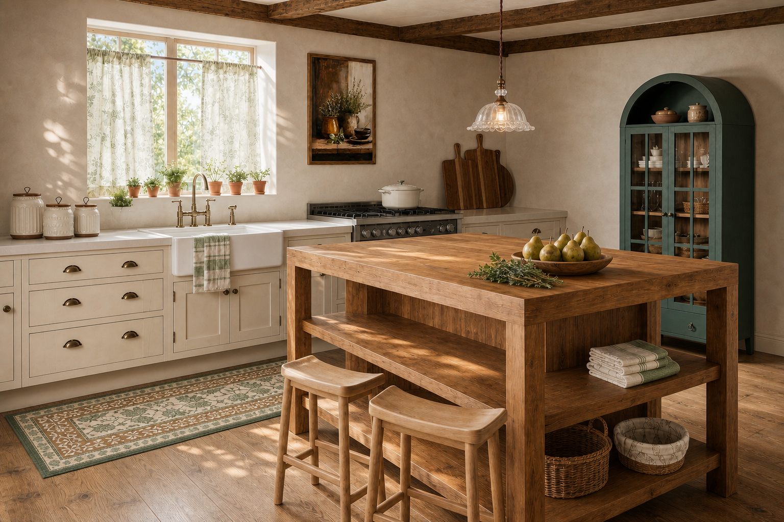 English Cottagecore Kitchen with a Solid Wood Worktable