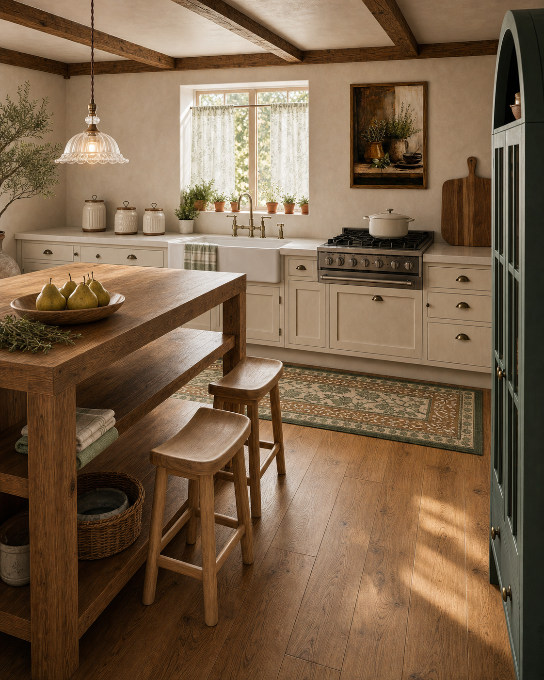 Cottagecore kitchen viewed from the sage cabinet with an oak worktable and farmhouse sink