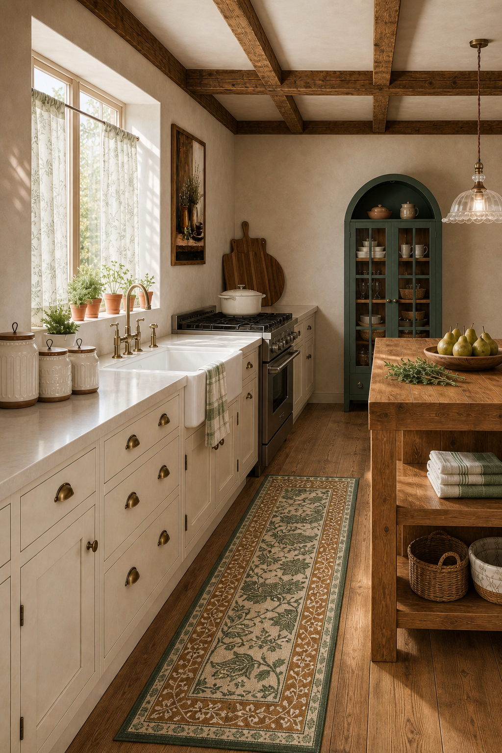 Alternate view of a cream and sage cottagecore kitchen with a long botanical runner