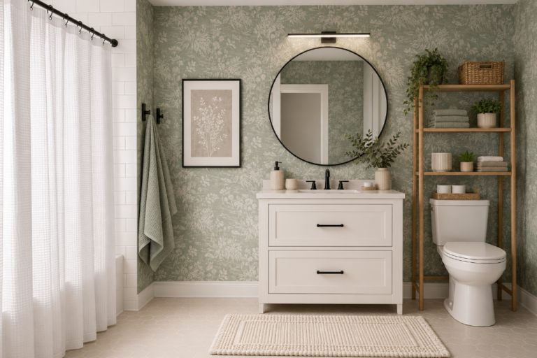 Sage Wallpaper, Matte Black Hardware, and a Bathroom That Rents Well