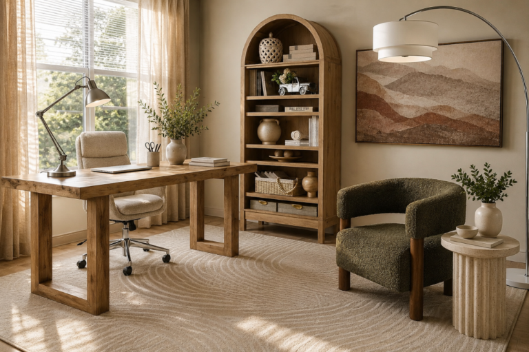 A Warm, Organic Modern Home Office That Still Gets Work Done