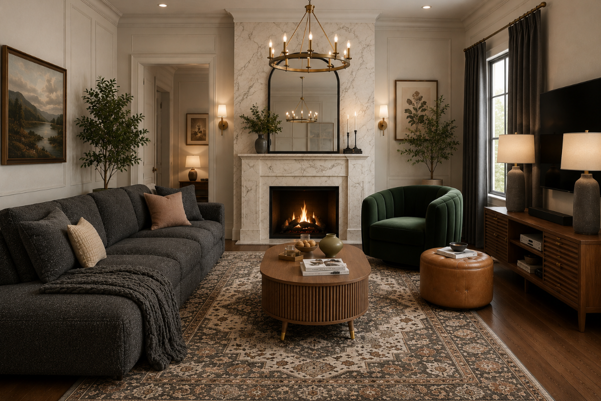 Statement marble fireplace living room with charcoal boucle sofa and emerald velvet chair