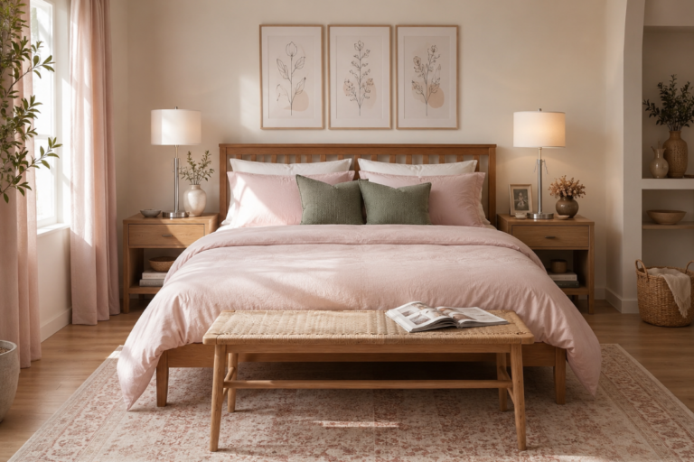 A Cozy Guest Bedroom Built Around Blush, Sage, and Honey Wood