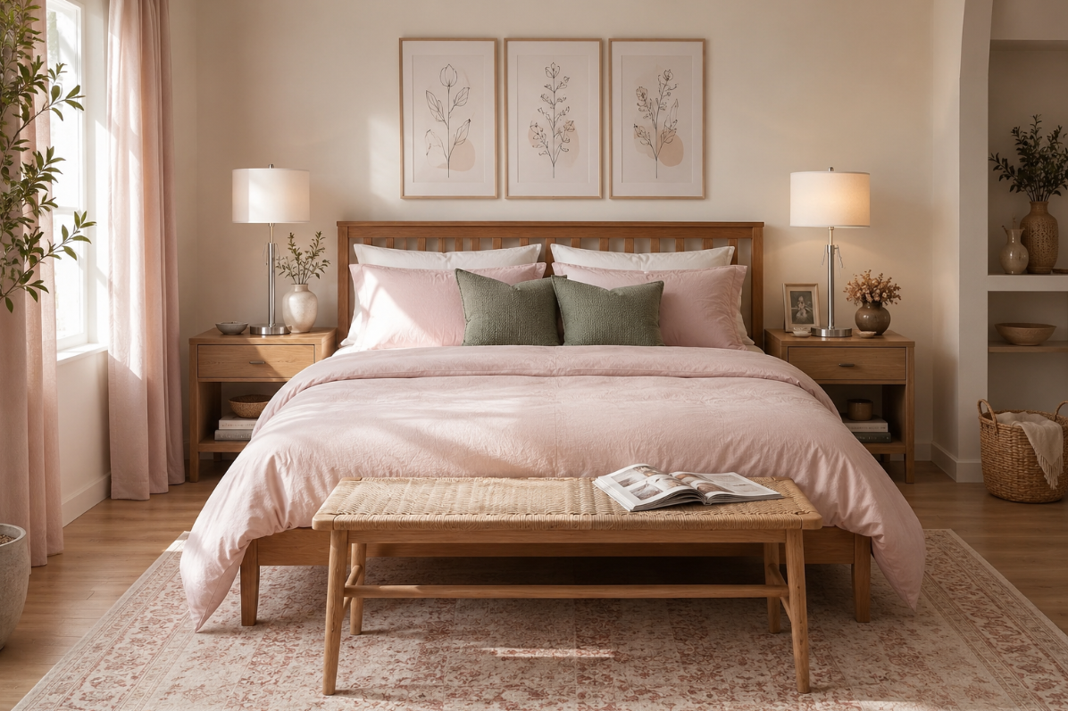 A Cozy Guest Bedroom Built Around Blush, Sage, and Honey Wood
