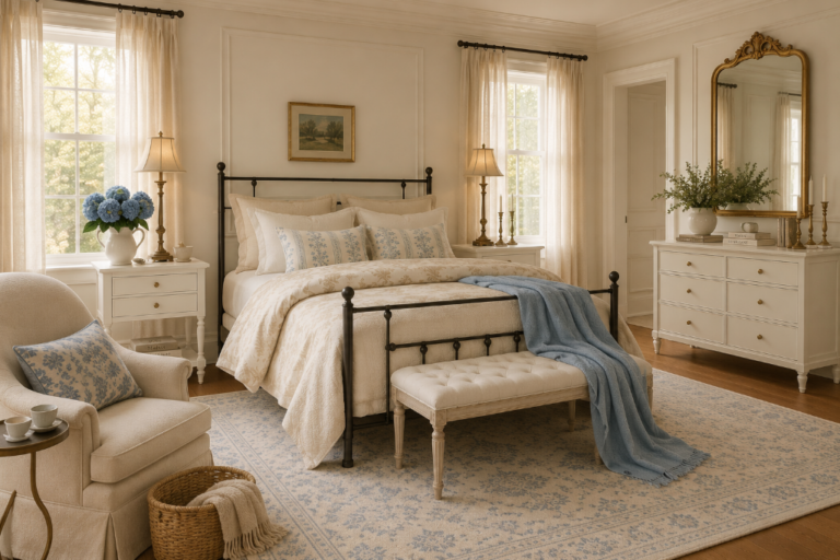 Cream, Toile, and Wrought Iron: A French Country Bedroom