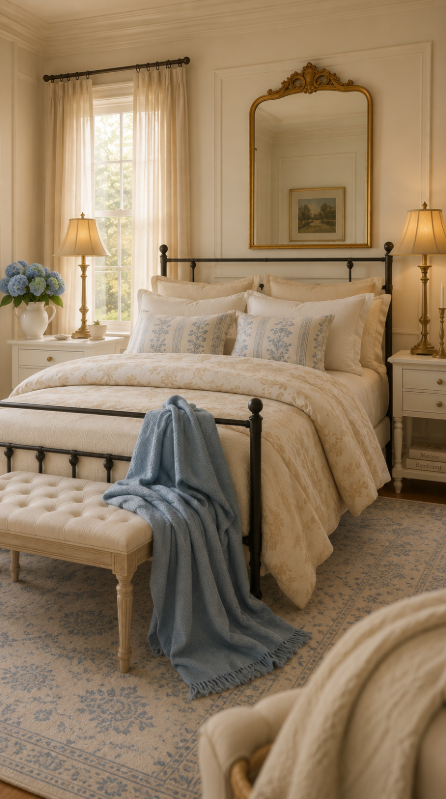 Full French country bedroom with warm ivory walls, iron bed, blue textiles, and vintage-inspired furniture