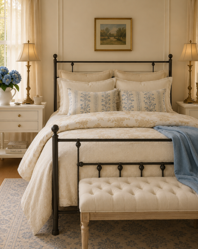 Close view of wrought-iron bed layered with cream bedding and blue toile pillows