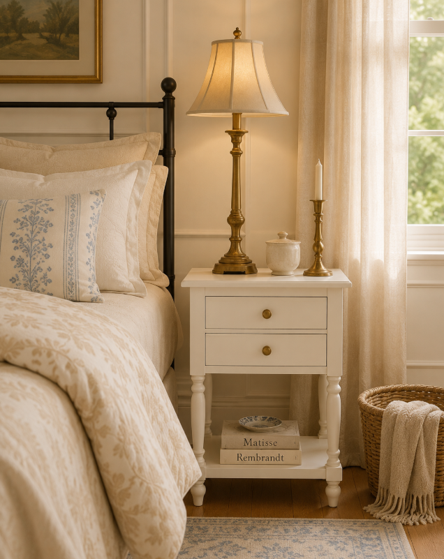 French-style nightstand with antique brass lamp, books, and traditional decor