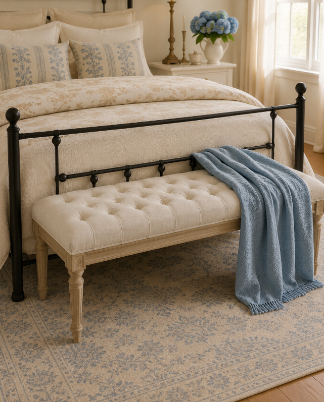 Upholstered bench with soft throw positioned over a vintage blue and cream rug