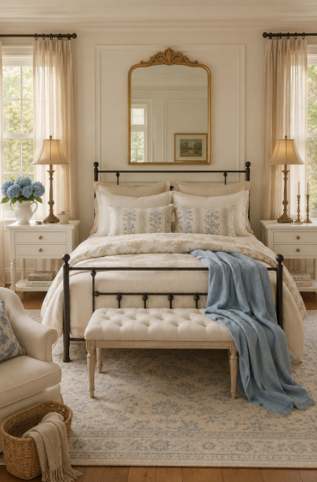 Alternate view across a French country bedroom with iron bed, linen curtains, and blue traditional rug