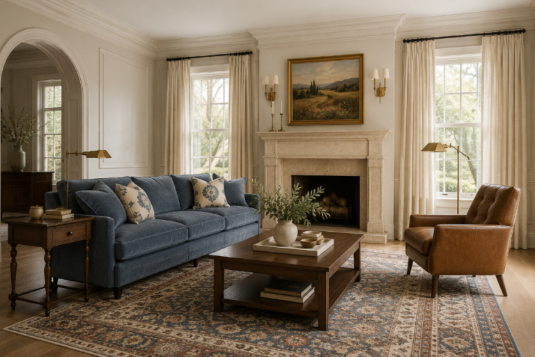 Modern Traditional Living Room with a Dusty Blue Sofa