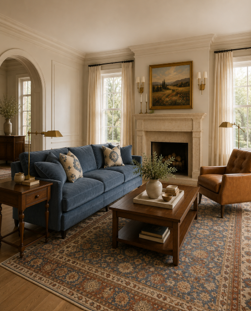 Full editorial modern traditional living room with dusty blue sofa, camel leather chair, limestone fireplace, and arched opening