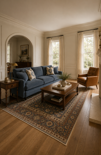Alternate view of an editorial modern traditional living room with blue sofa, walnut furniture, arched opening, and tall windows