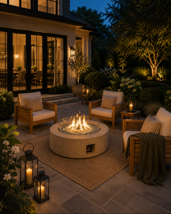 Vertical view of a cozy outdoor fire pit lounge with teak chairs, a neutral rug, lanterns, and warm evening light