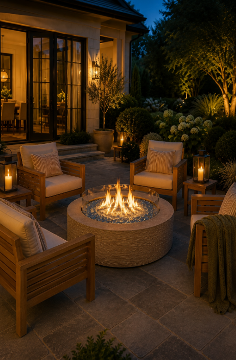 Alternate view of a cozy outdoor fire pit lounge looking toward French doors and a softly lit home