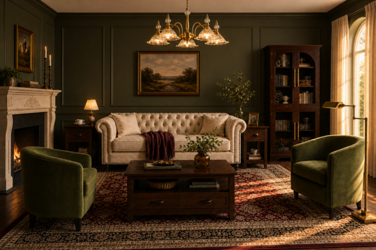 Collected English library sitting room with olive paneled walls, a beige Chesterfield sofa, walnut furniture, and aged-brass lighting