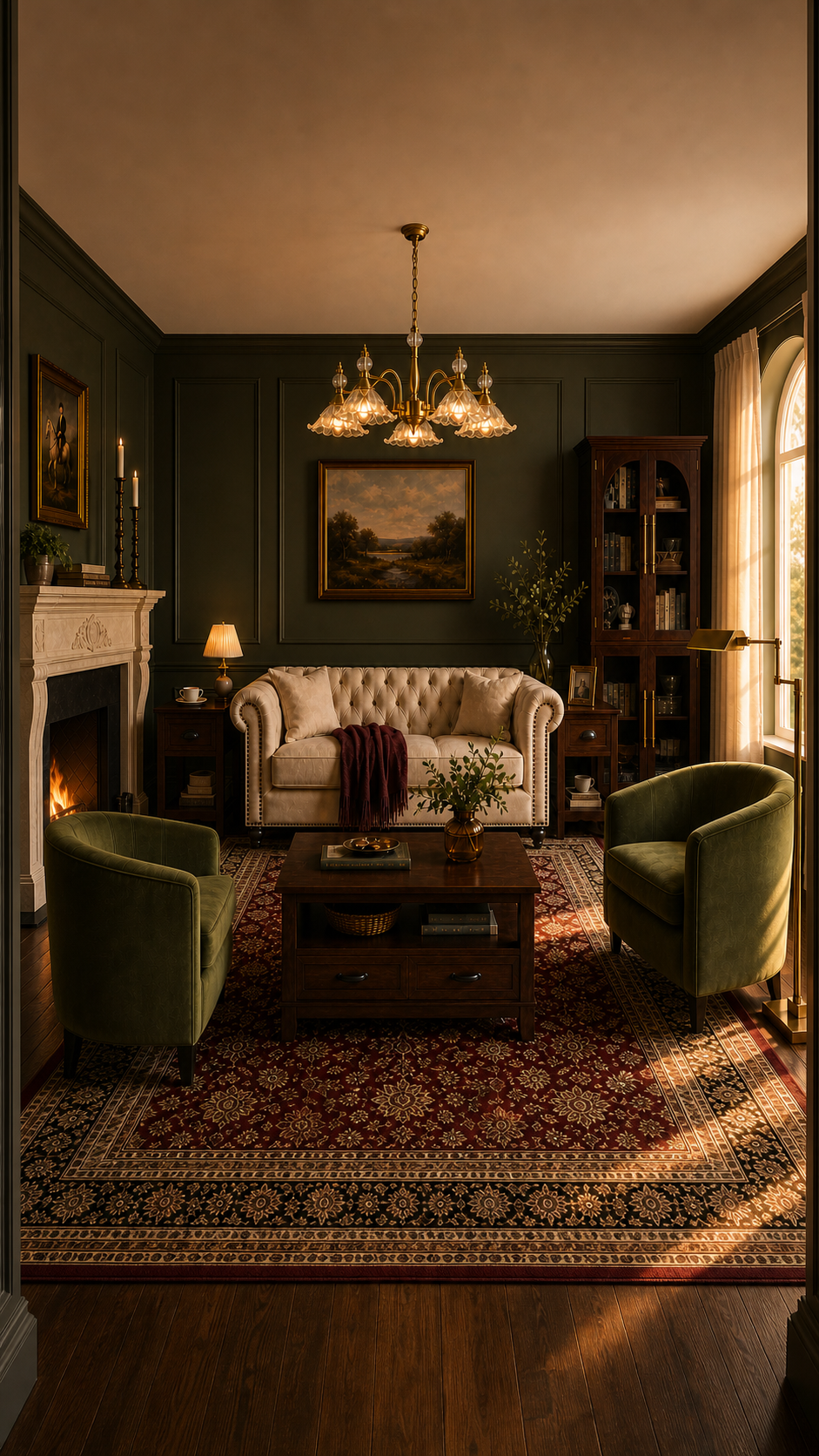 Vertical view of an English library sitting room with olive walls and layered traditional furnishings