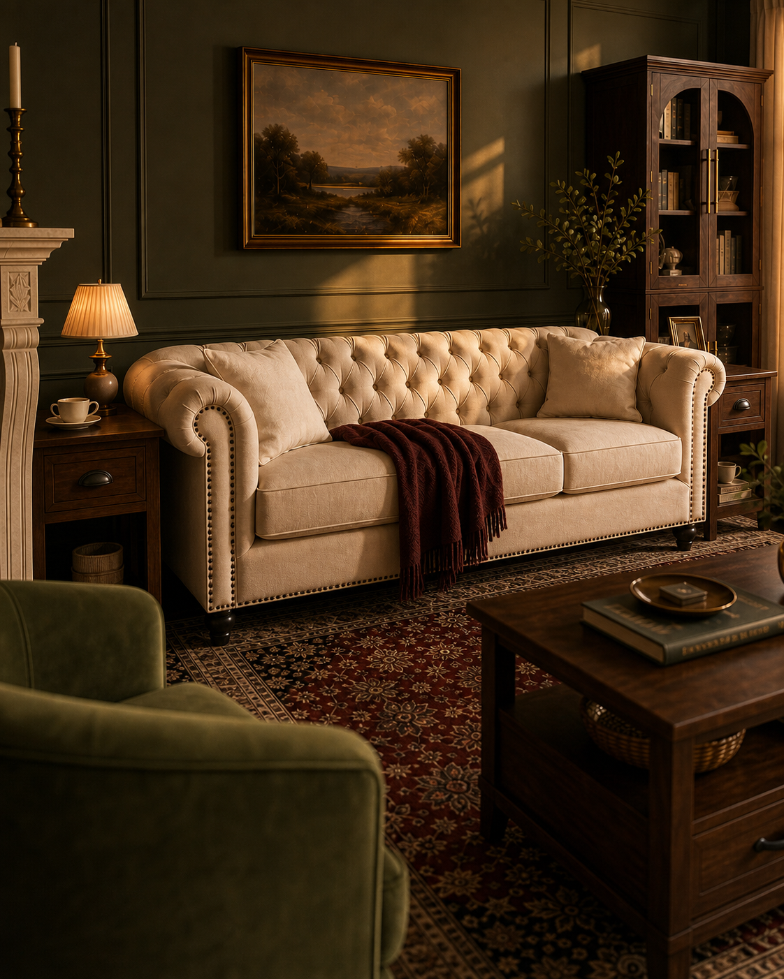 Tailored beige Chesterfield sofa in an olive English library sitting room