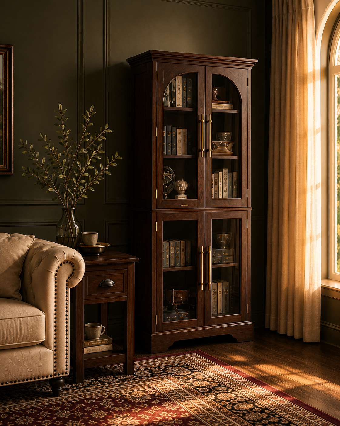 Walnut bookcase styled with books in an English library sitting room