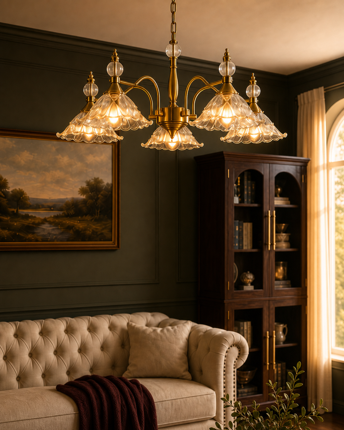 Aged brass chandelier illuminating an olive paneled English library