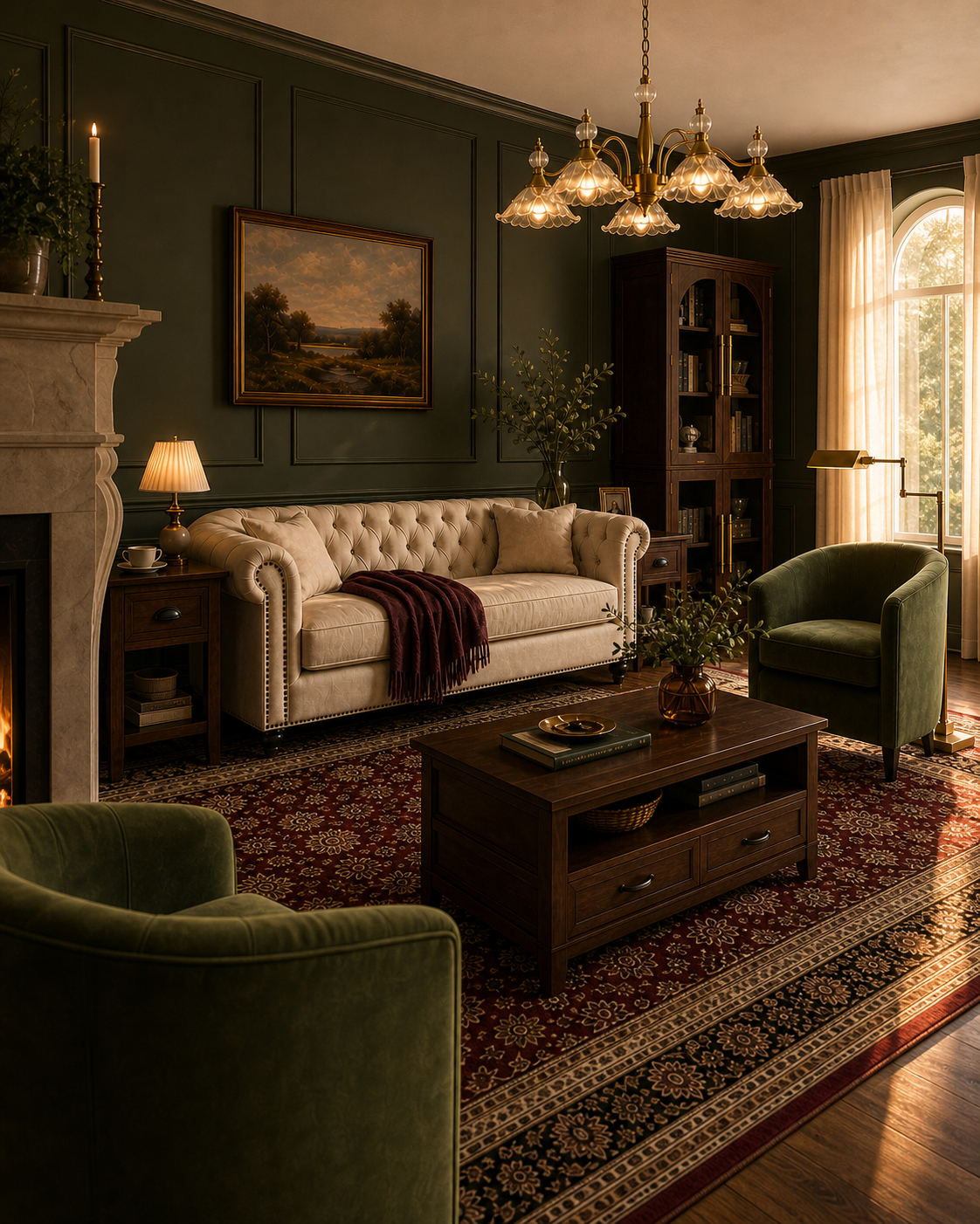 Editorial view of a collected English library with olive velvet chairs and walnut furniture
