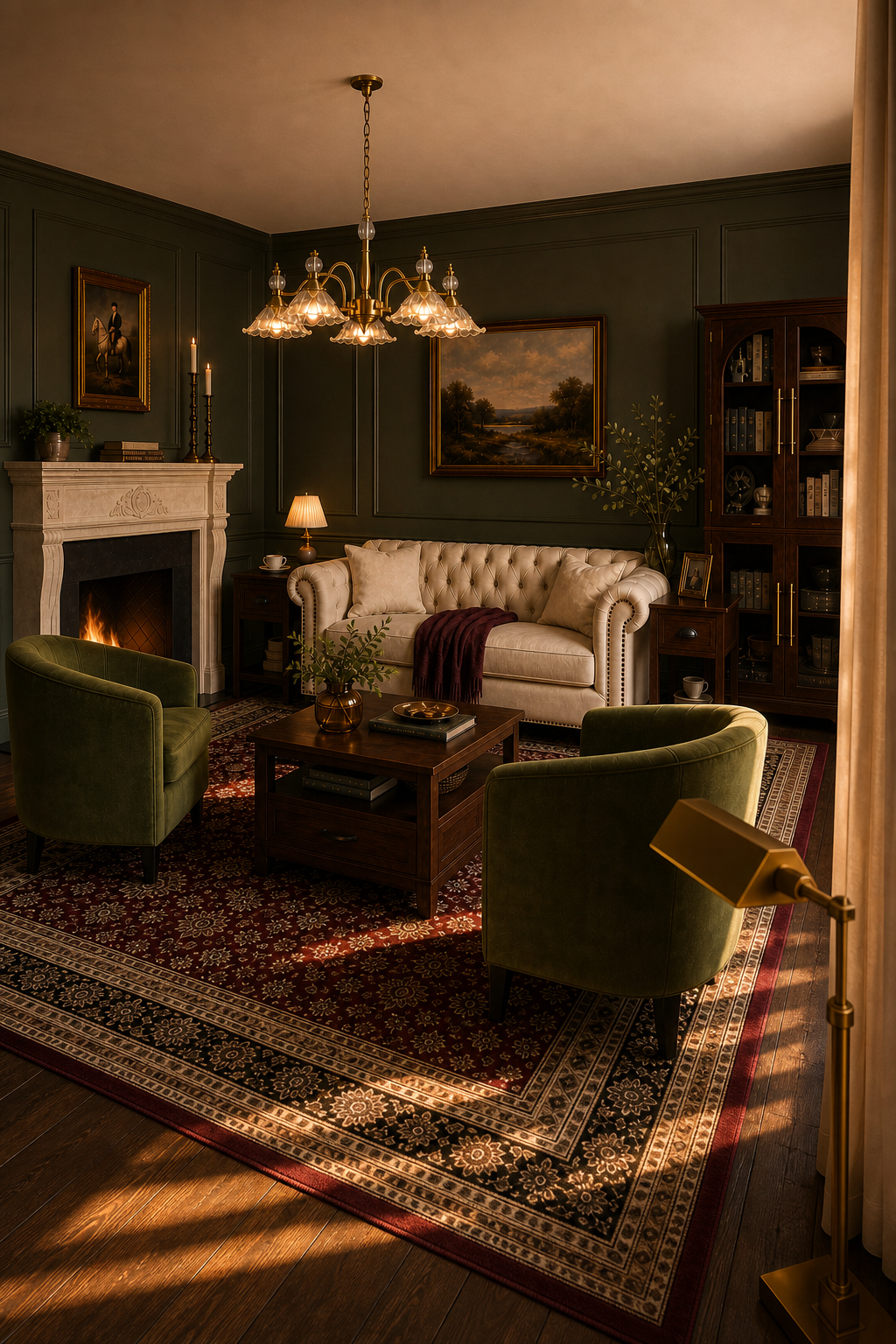 Alternate view of a layered English library living room with burgundy rug and tailored seating