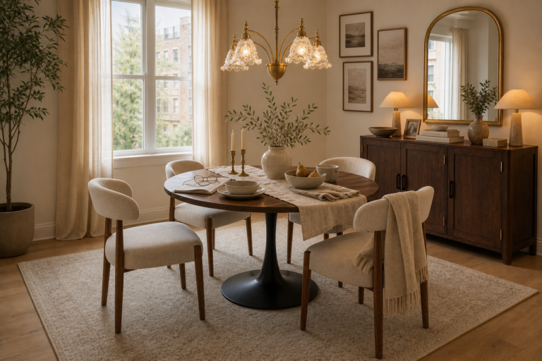 Warm neutral apartment dining room with a round walnut table, cream upholstered chairs, brass chandelier, and collected sideboard styling
