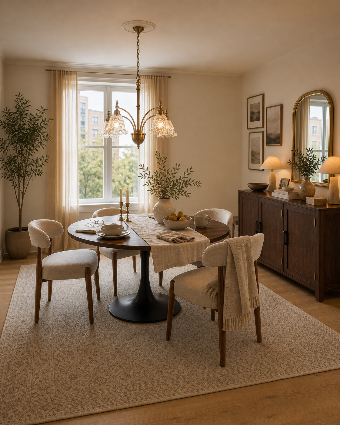 Full view of a warm neutral apartment dining room from the sideboard corner