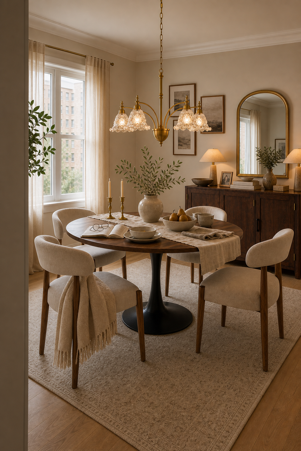 Alternate doorway view of a collected warm neutral apartment dining room