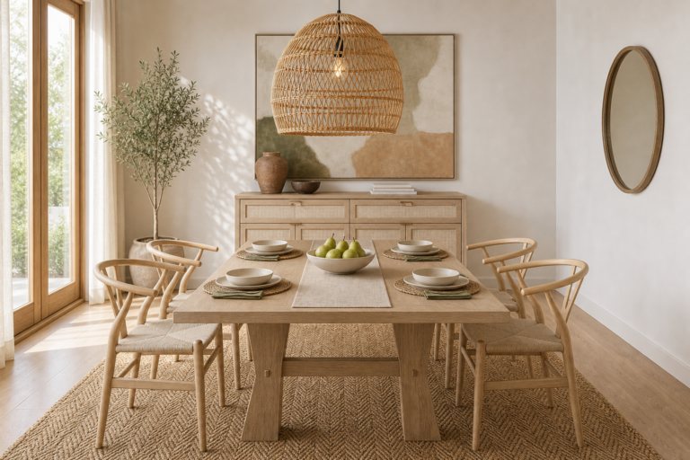 Airy organic dining room with a pale wood table, wishbone chairs, jute rug, and rattan pendant